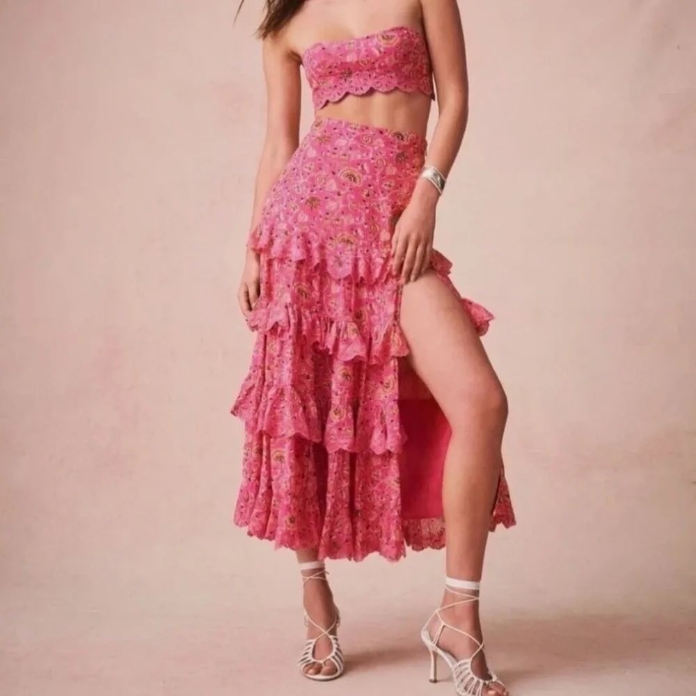 Caroline Constas Boho Hot Pink Floral Ruffled Scalloped Midi Skirt Size XS NWT